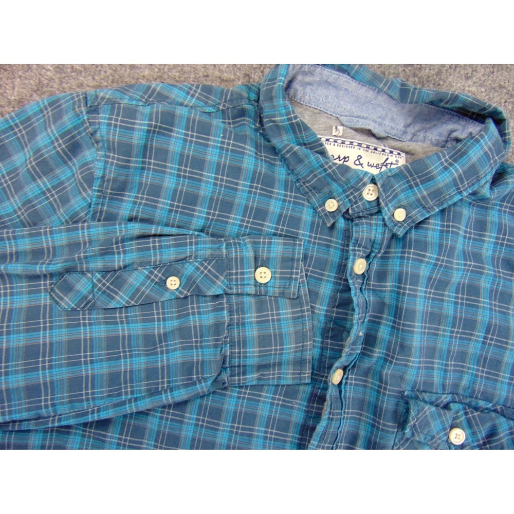 Warp & Weft Shirt Mens L Blue Plaid Button Down Long Sleeve California Mens